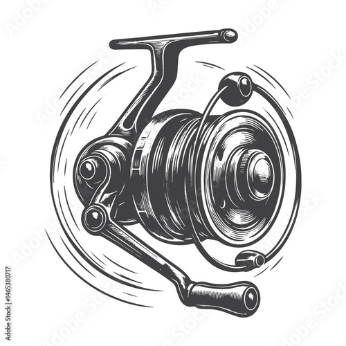 Vintage Hand-Drawn Fishing Reel Spinning Illustration – Outdoor Sports Engraved Style Vector for T-Shirts, Posters, Stickers, and Nature Apparel