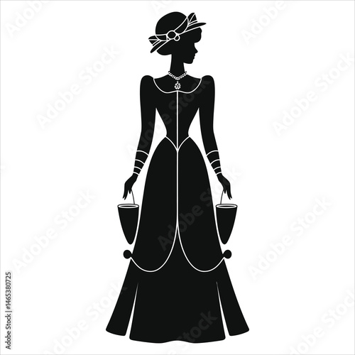 Elegant lady Vector silhouette in (Edwardian Gown) vintage attire carrying buckets/A stylish black and white silhouette of a woman in period attire.