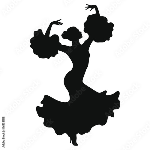 Graceful Flamenco Dance Vector Silhouette/A dramatic silhouette of a woman performing a flamenco dance.
