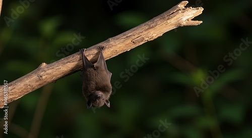 A brown bat hangs upside down on a branch, captured in stunning natural lighting.