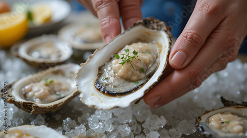 Close-up RAW Style of Raw oyster shucking technique, fresh seafood skill
