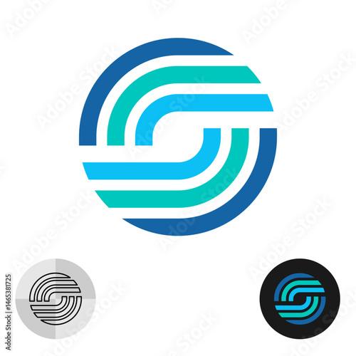 Abstract tech round logo consist of wide colorful parallel lines. Construction or medical theme symbol. Water waves or eye optical design elements. Letter O or S company logo.