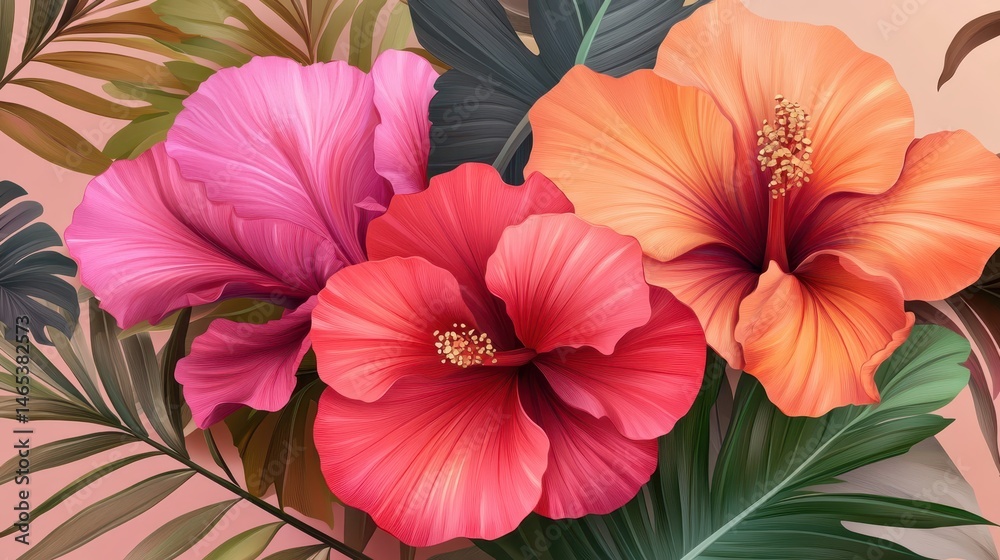 Exotic tropical flowers in vibrant bloom on a delicate pink background