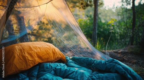 Mosquito net protecting a person from noseeums while camping
