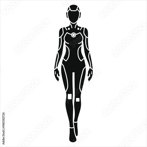 Futuristic Female Robot Vector Silhouette, Perfect for Sci-Fi Design/A bold, stylized silhouette of a female robot in futuristic armor.