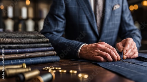 Tailor sewing black cloth for suit with needle and thread
