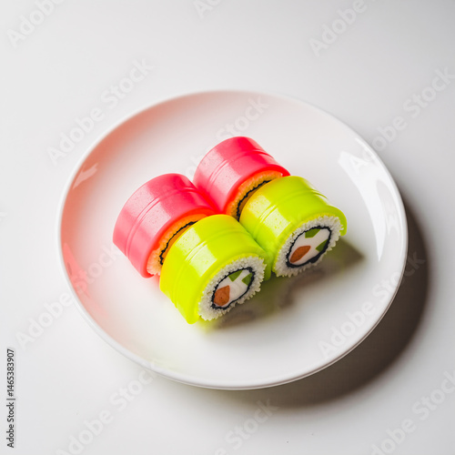 Plastic Sushi on White Plate — Conceptual Image of Artificial Food and Neon Aesthetics	