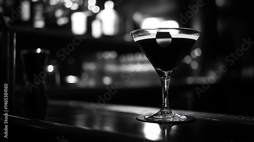 Dark cocktail in a martini glass on a bar counter.