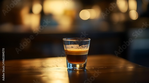 Espresso shot on a wooden table in a cafe.