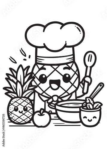 Coloring book chef pineapple preparing food with fresh fruits. 