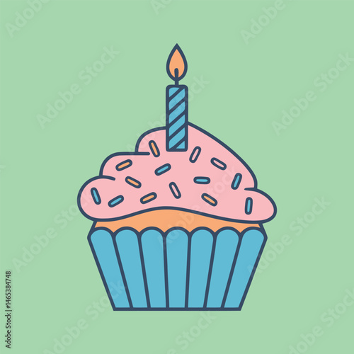 a cupcake with a candle hand drawn vector graphic illustration cartoon concept
