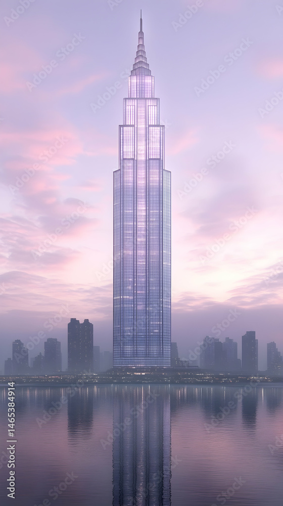 Fototapeta premium Tall skyscraper reflected in calm water at dusk