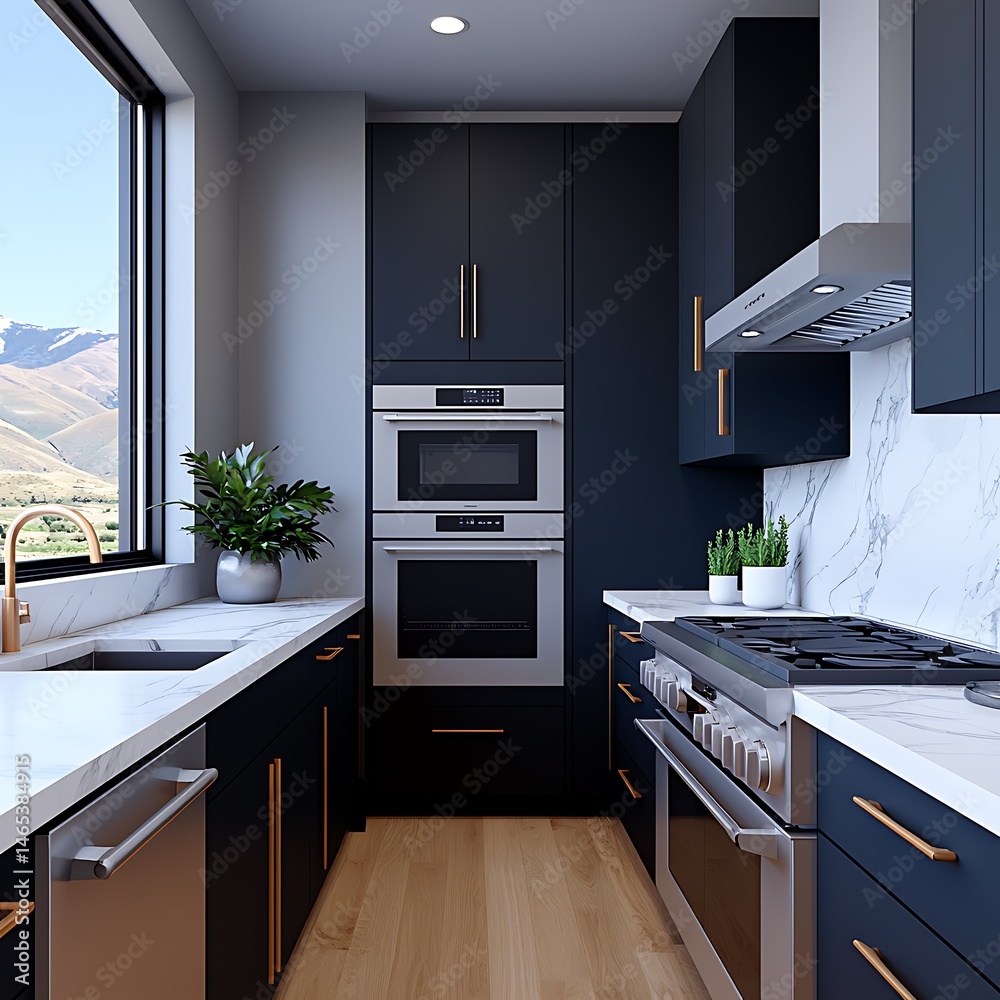 Fototapeta premium Modern Kitchen Design with Stainless Steel Appliances, Marble Countertops, Dark Cabinets, and a Scenic View, Inspiring Culinary Creativity.
