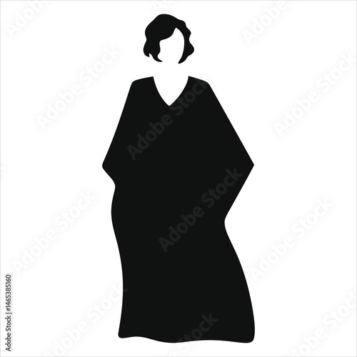  Vector Silhouette of a Woman Wearing Kaftan Dress/A simple, stylish silhouette of a woman in a flowing, long black dress.