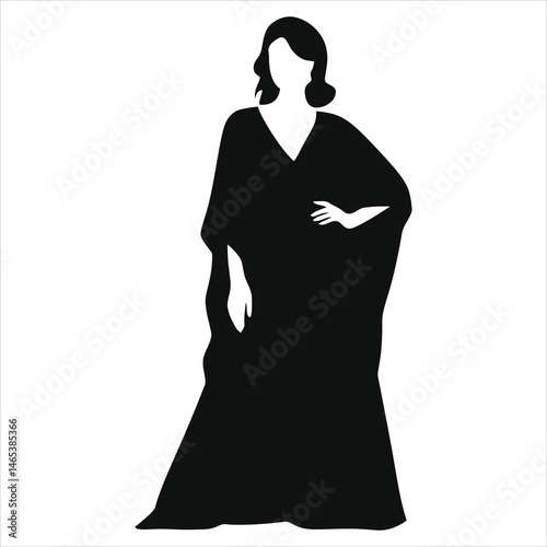 Elegant Vector Silhouette of a Women Kaftan Dress/A striking black silhouette of a woman wearing a flowing, long dress.





/