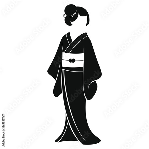 Elegant Black and White Vector Silhouette of Japanese Woman in Kimonos...