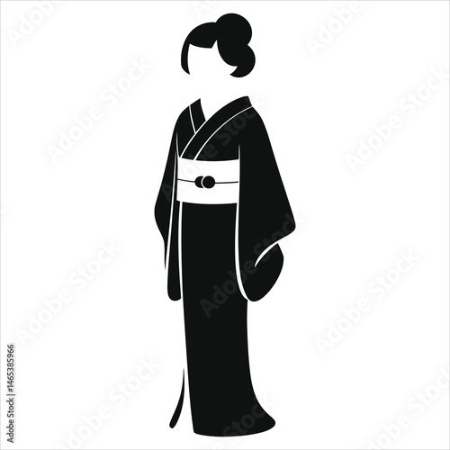 Elegant Black and White Vector Silhouette of Japanese Woman in Kimonos...