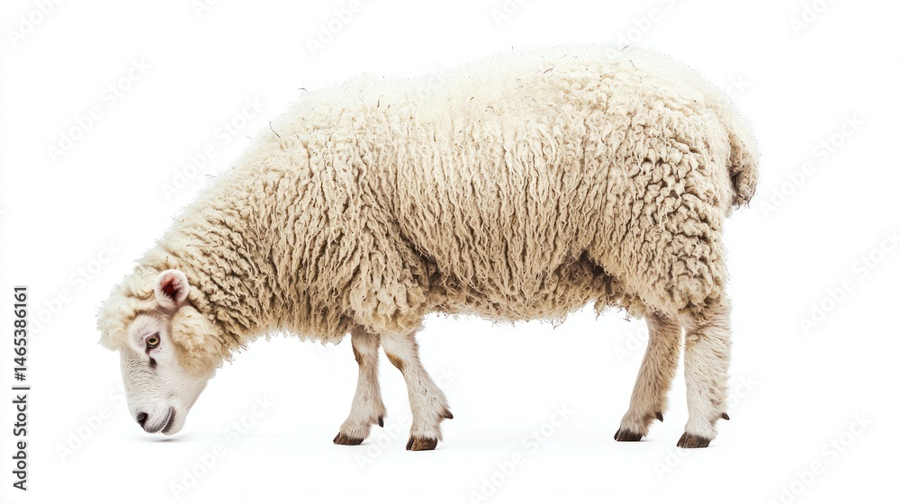 Fototapeta premium Profile view of a fluffy sheep grazing, white background