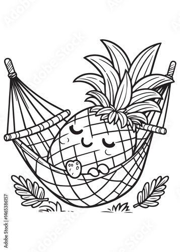 Coloring book pineapple sleeping soundly in a hammock among leaves