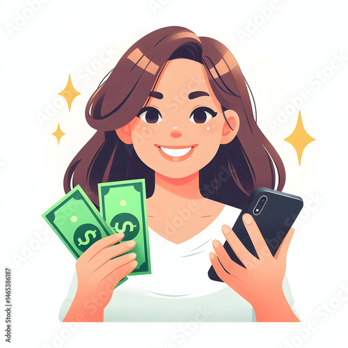 Young woman holding a credit card and smiling, surrounded by business and shopping items like a laptop and phone, in a stylish and colorful vector illustration