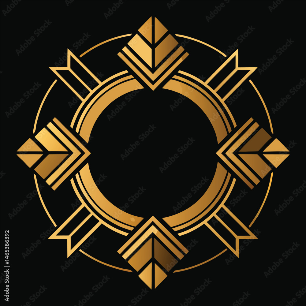Fototapeta premium intricate golden art deco frame, symmetrical design, bold angular patterns, metallic textured elements, luxurious elegant sophisticated style, black background