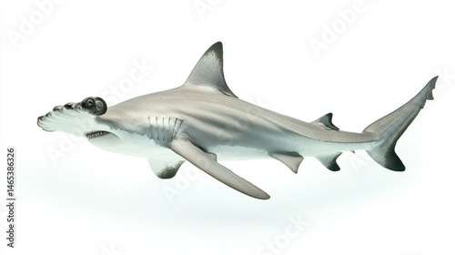 Profile view of a hammerhead shark swimming, white background