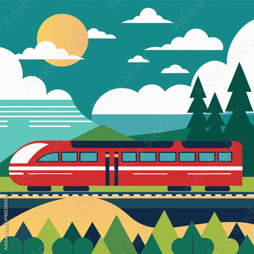 The train is moving on a track with mountains and nature in the background. Cartoon flat express electric train travels by rail road
