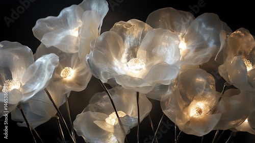 Illuminated translucent flower cluster display.