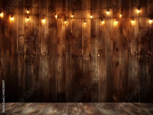Rustic wood wall with string lights for background use