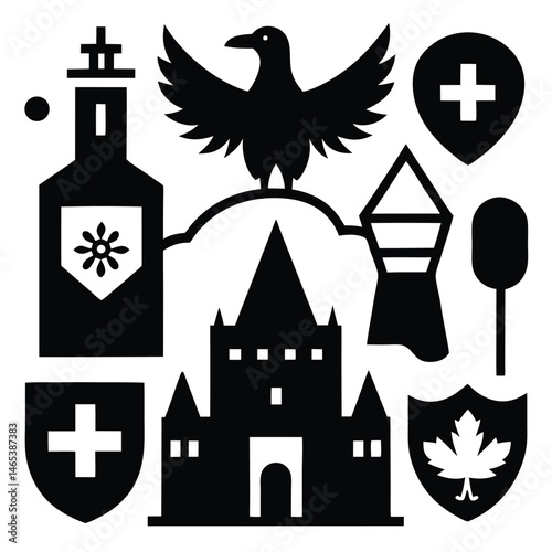 Medieval castle icons set with fantasy towers and night sky silhouette design