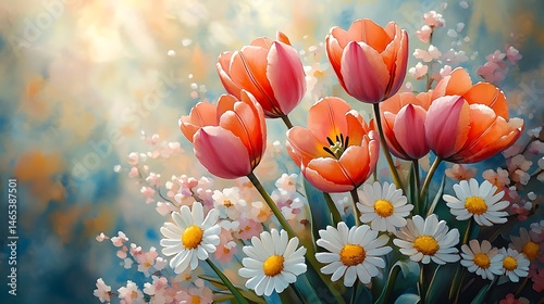 Elegant Floral Composition Featuring Tulips And Daisies In Soft Lighting