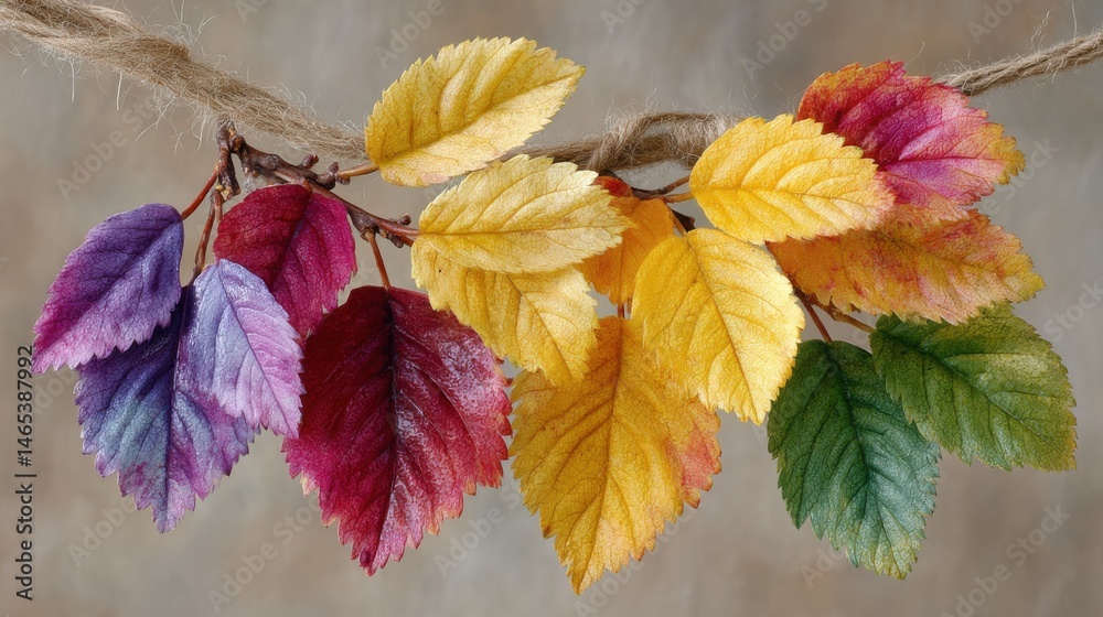 Obraz premium Colorful Autumn Leaves Hanging from Twine.