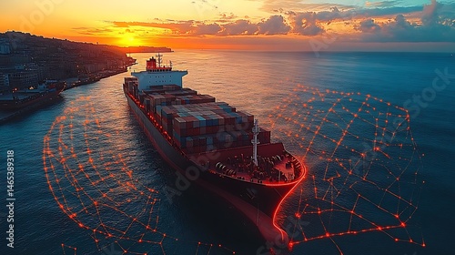 A container ship at sunset with a digital network overlay, symbolizing smart shipping technology
