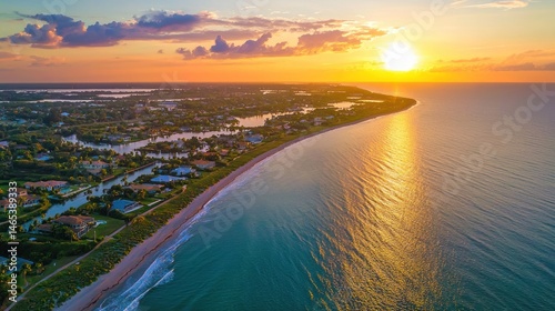 Scenic aerial view of Fort Pierce, Florida, with the coastline at sunset