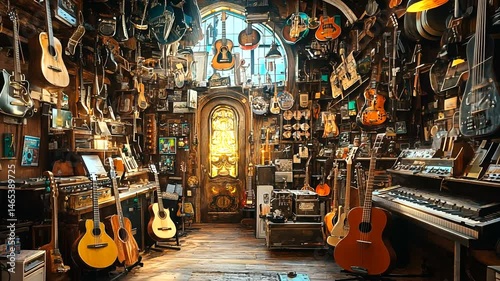 Cozy vintage music shop filled with various guitars and instruments, sunlight streaming through stained glass