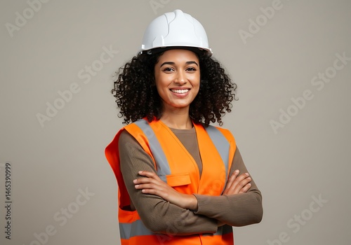 Portrait of a smiling woman wearing a hard hat and safety vest with arms crossed on gray background