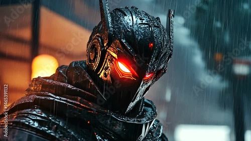 Dark armored figure with glowing eyes stands in the rain, city lights blurred in the background