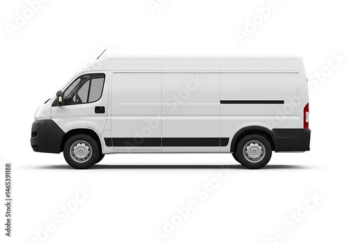 Side view of a white cargo van with black trim isolated on a plain white background in studio shot