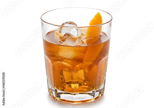 Wallpaper Mural A glass filled with a brown liquid, ice cubes, and an orange peel on a white background view from above Torontodigital.ca