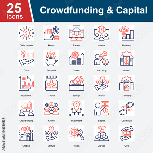 Crowdfunding & Capital is a collection of icons illustrating funding sources, financial contributions, investor support, and capital growth for startups and business ventures. 