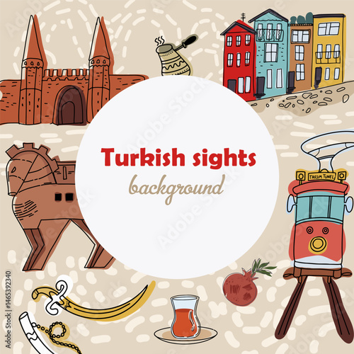 Sights of Turkey, Istanbul background, template. Hand drawn vector line doodle simple art.