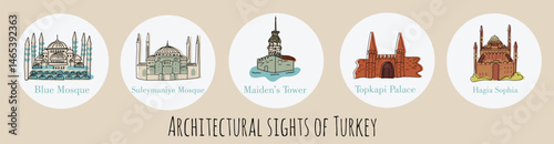 Architectural landmarks of Turkey, Istanbul, hand drawn line vector illustration.