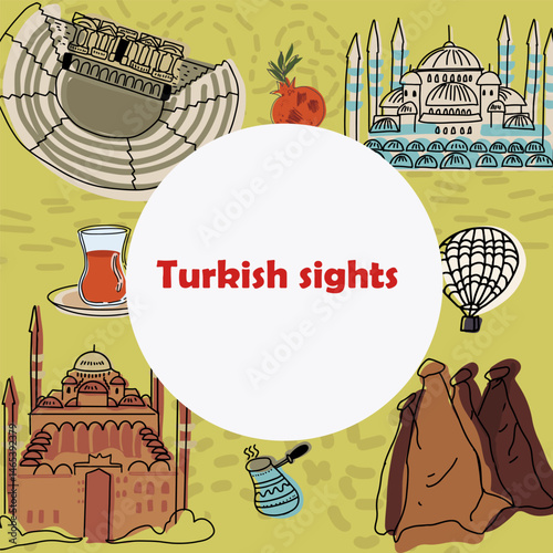 Sights of Turkey, Istanbul background, template. Hand drawn vector line doodle simple art.