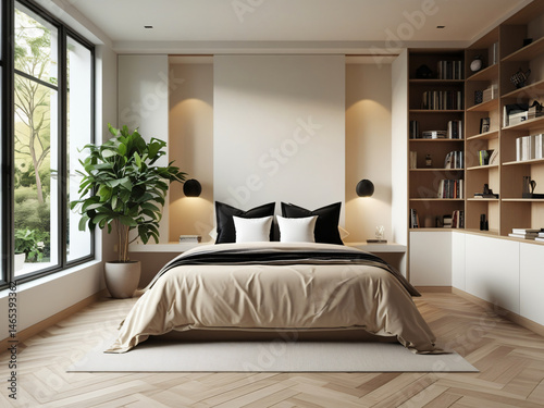 A minimalist bedroom with a cozy, neutral-toned aesthetic. A bed with beige bedding and dark pillows is centered against a built-in shelving unit filled with books and decorative accents