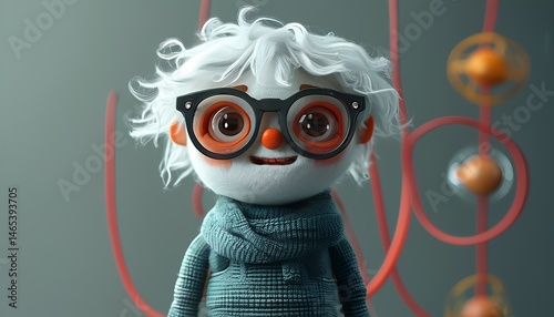 Colorful, fluffy creature with oversized glasses stands confidently in a studio setting