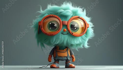 A vibrant, fluffy creature with bright blue hair and large round glasses poses in a minimalistic studio. Its playful outfit and cheerful expression create an inviting atmosphere.