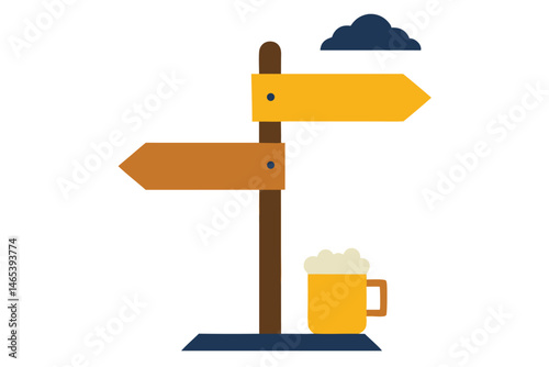 The beer garden destination beckons under a moody sky with directional arrows