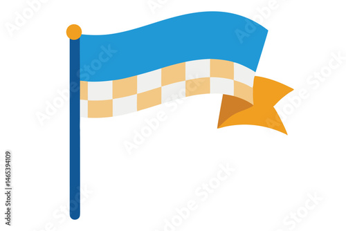 Cartoon image of a flag with a blue, checkered and gold design