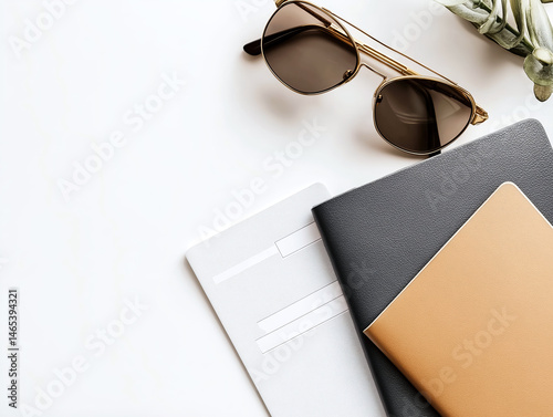 Flat lay of travel essentials with passports, boarding pass and sunglasses on a light background.
