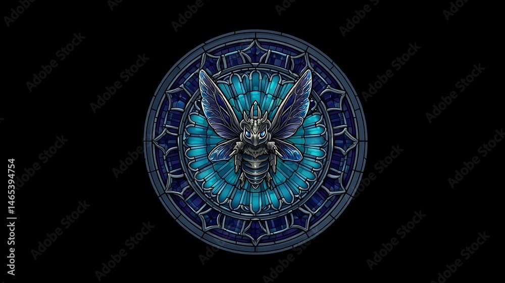 Fototapeta premium Intricate stained glass design featuring a stylized blue insect